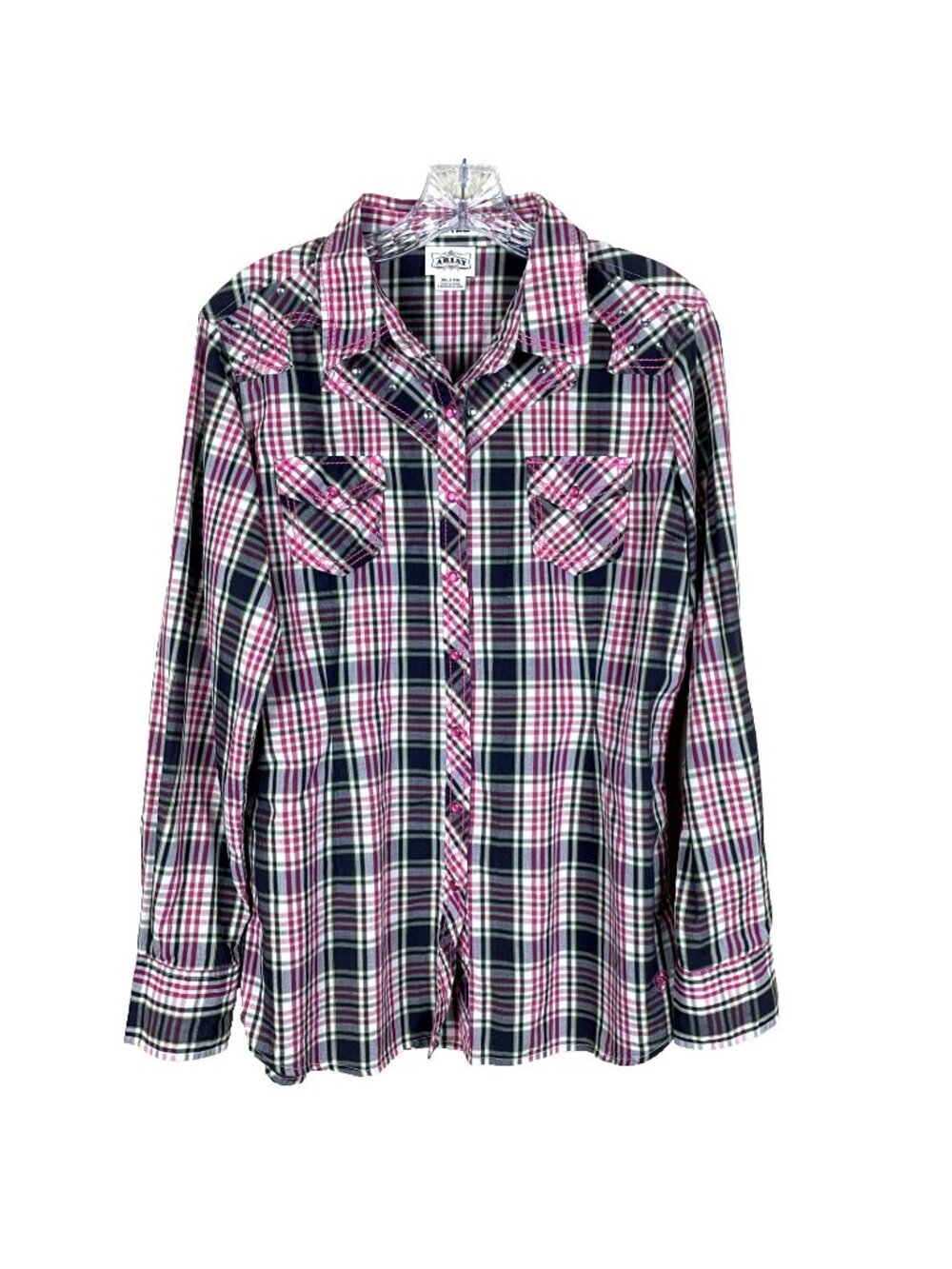 Ariat Womens XL Pearl Snap Western Cowgirl Rhinestone Pink Plaid‎ Fitted Rodeo
